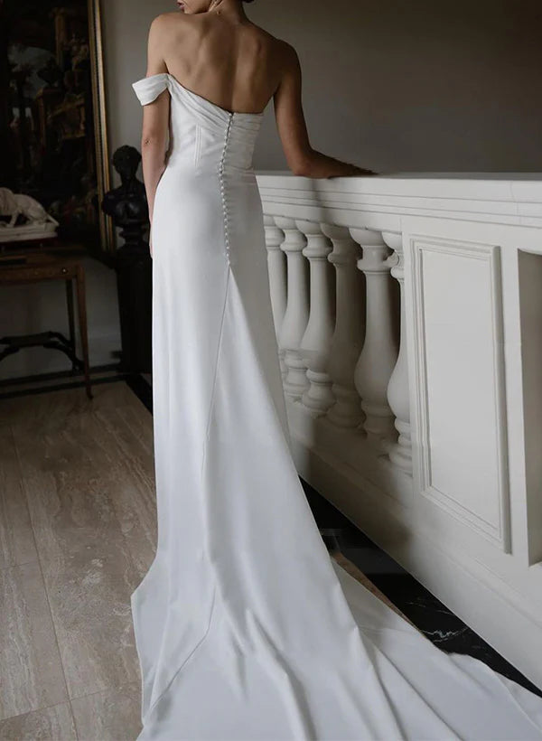 Buyishang Sheath One-Shoulder Sleeveless Satin Wedding Dresses with Slit