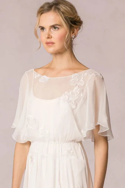 Buyishang Sheath Scoop-Neck Floor-Length Poet-Sleeve Appliqued Chiffon Wedding Dress With Pleats