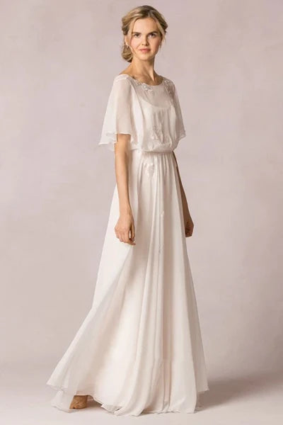 Buyishang Sheath Scoop-Neck Floor-Length Poet-Sleeve Appliqued Chiffon Wedding Dress With Pleats