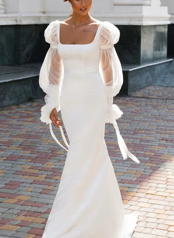 Buyishang Mermaid Square Neckline Long Sleeves Satin Wedding Dresses