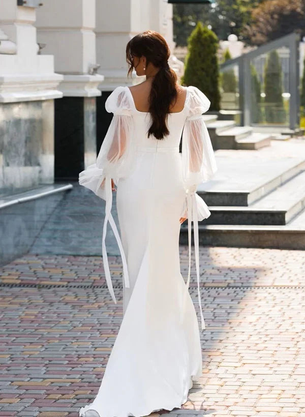 Buyishang Mermaid Square Neckline Long Sleeves Satin Wedding Dresses