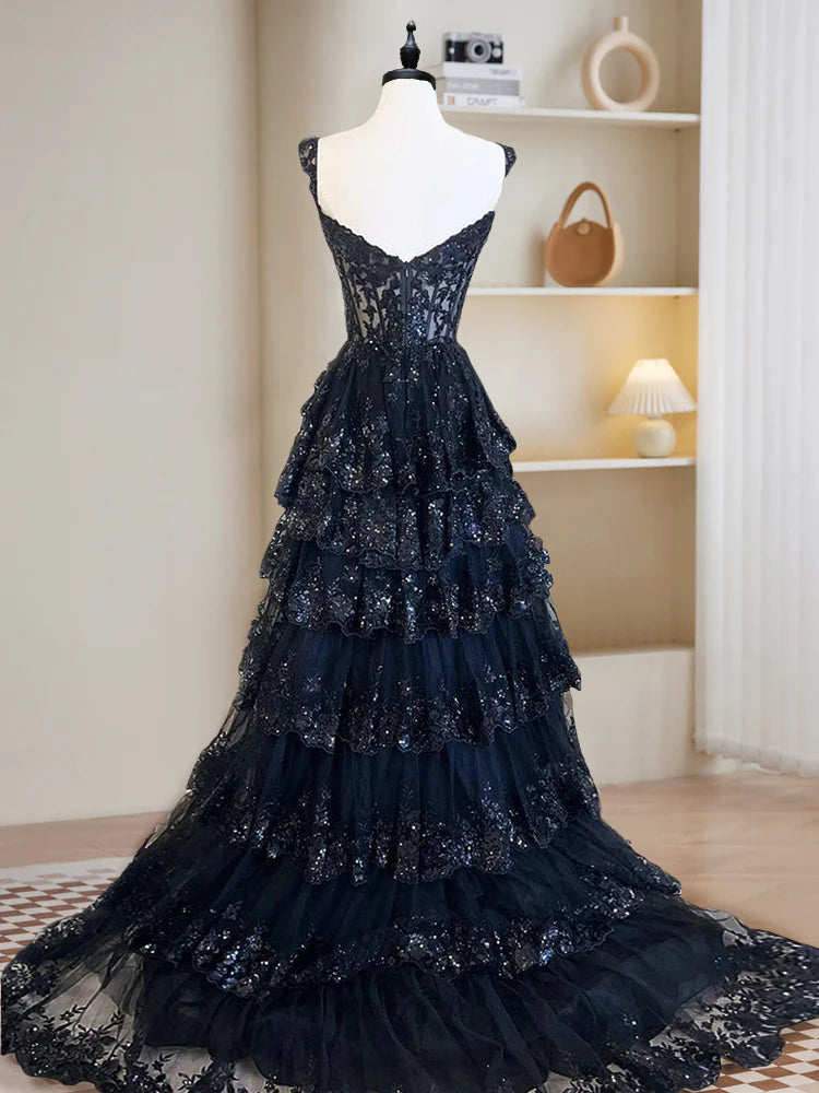 Buyishang A-Line Tulle Sequin Black Long Prom Dress Black Sequin Long Formal Dress