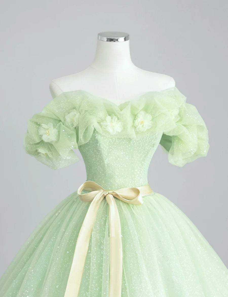 Buyishang A-Line Off Shoulder Tulle Green Long Prom Dress Green Sweet 16 Dress