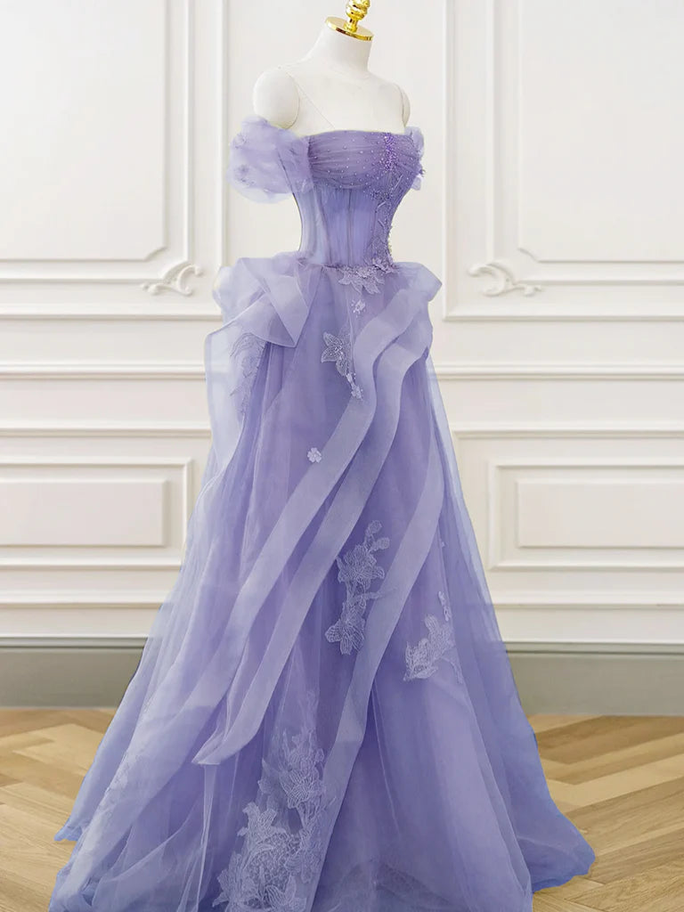 Buyishang A-Line Off Shoulder Tulle Lace Purple Long Prom Dress Purple Lace Long Formal Dress
