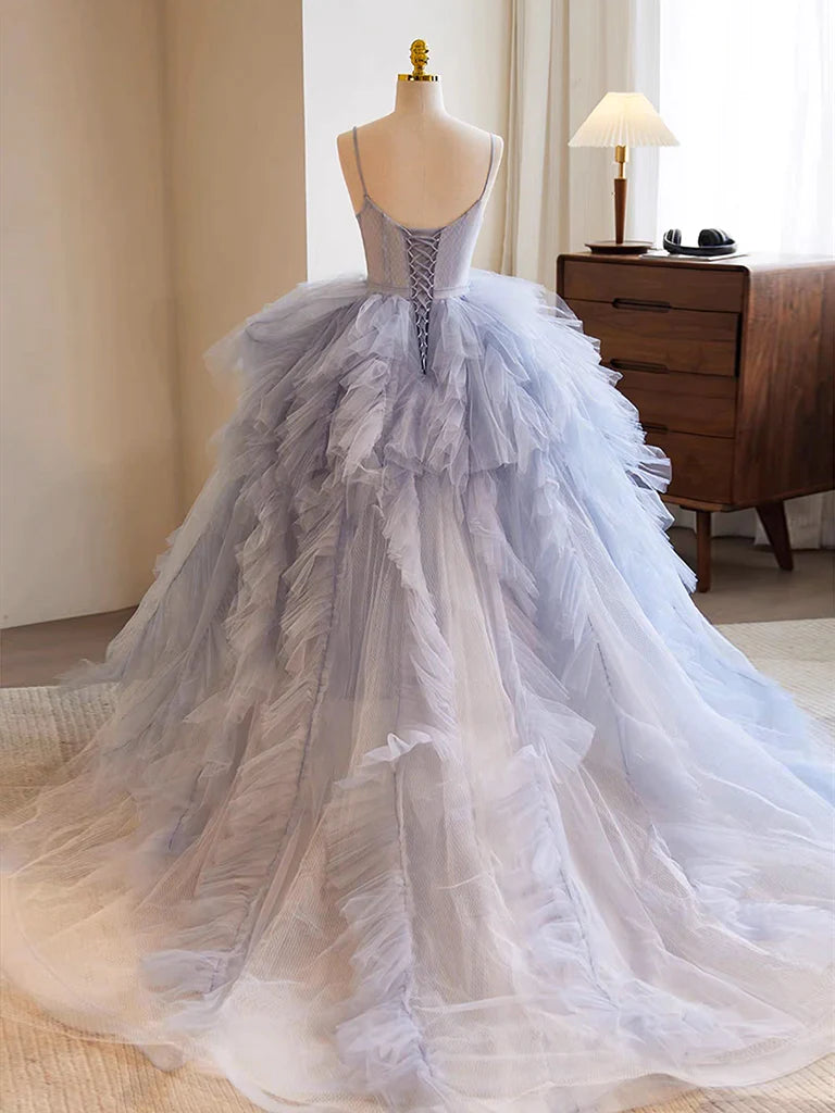 Buyishang Blue Tulle Long Prom Gown Blue Tulle Long Sweet 16 Dress