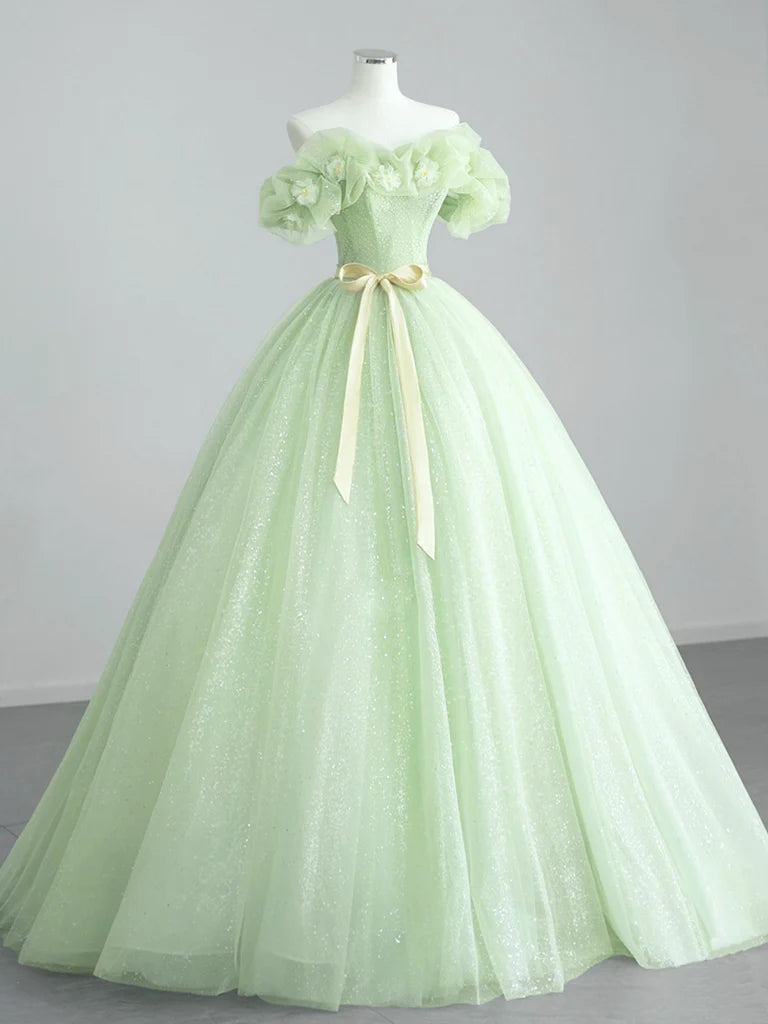 Buyishang A-Line Off Shoulder Tulle Green Long Prom Dress Green Sweet 16 Dress