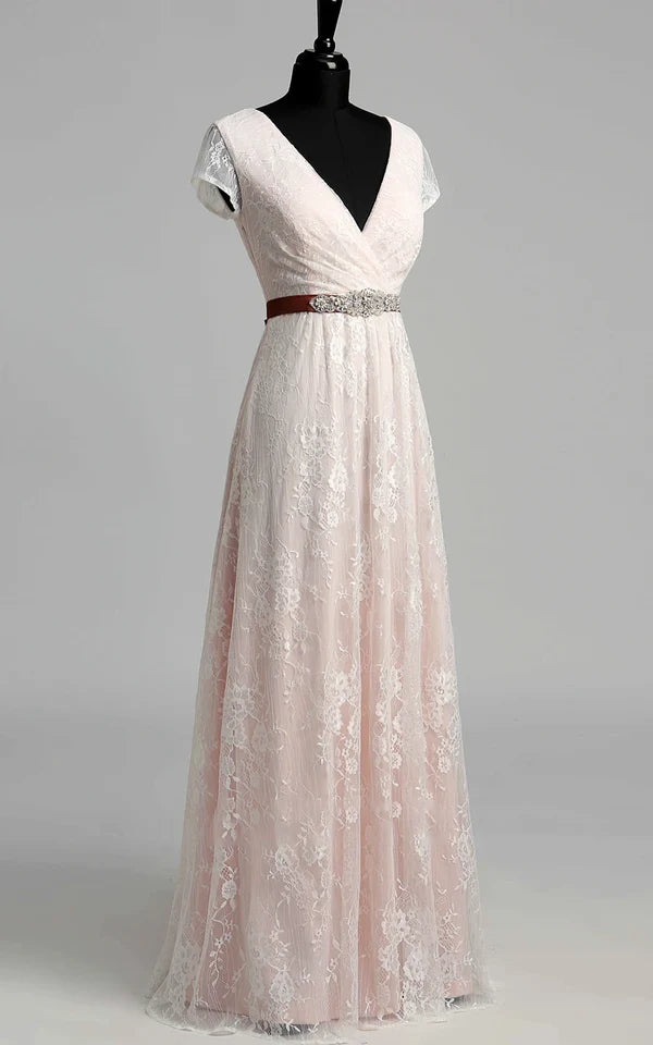 Buyishang Short Sleeve V-neck Pleated Long Lace Wedding Dress