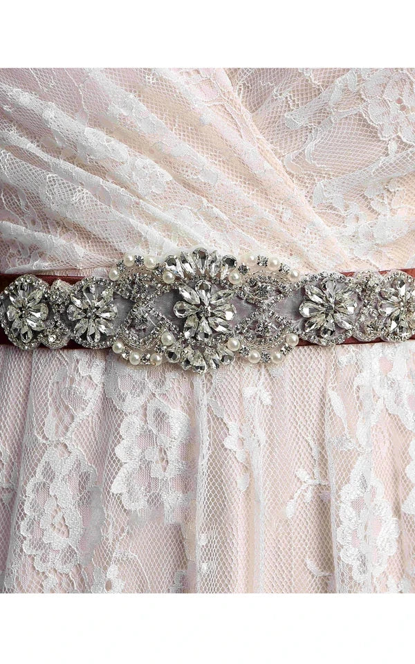 Buyishang Short Sleeve V-neck Pleated Long Lace Wedding Dress