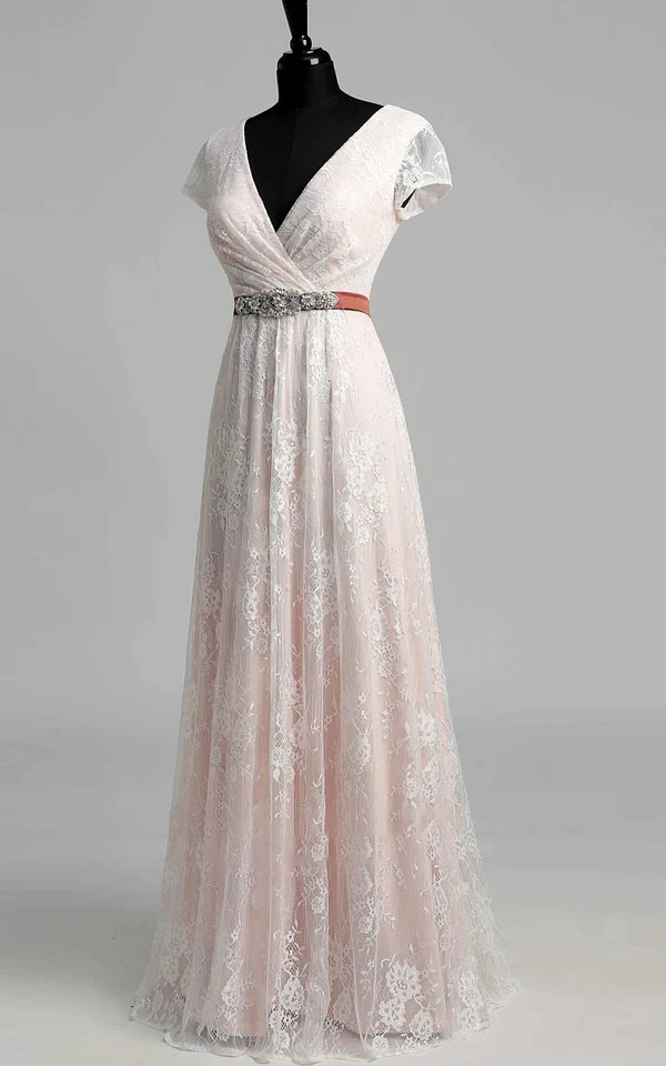 Buyishang Short Sleeve V-neck Pleated Long Lace Wedding Dress