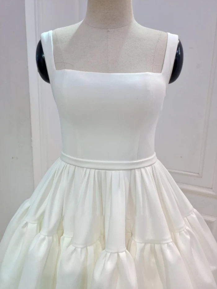 Buyishang A-Line Boat-Neck Mini-Length Sleeveless Satin Pleats Wedding Dress