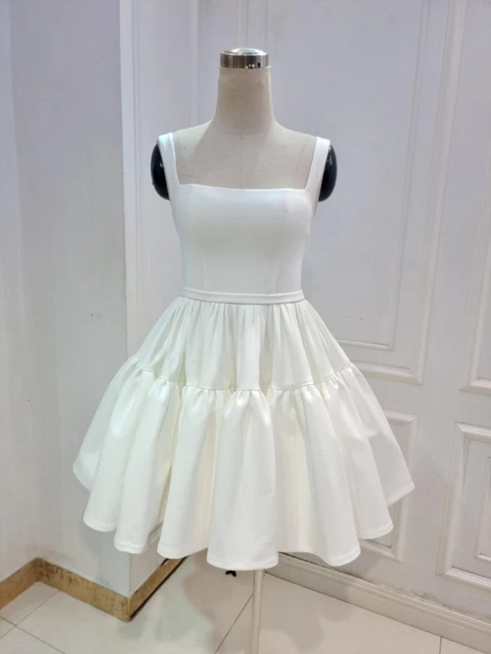 Buyishang A-Line Boat-Neck Mini-Length Sleeveless Satin Pleats Wedding Dress