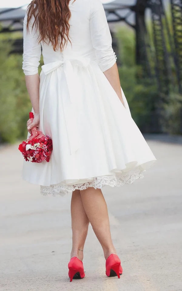 Buyishang Knee Length Wedding Dress With 3/4 Sleeves