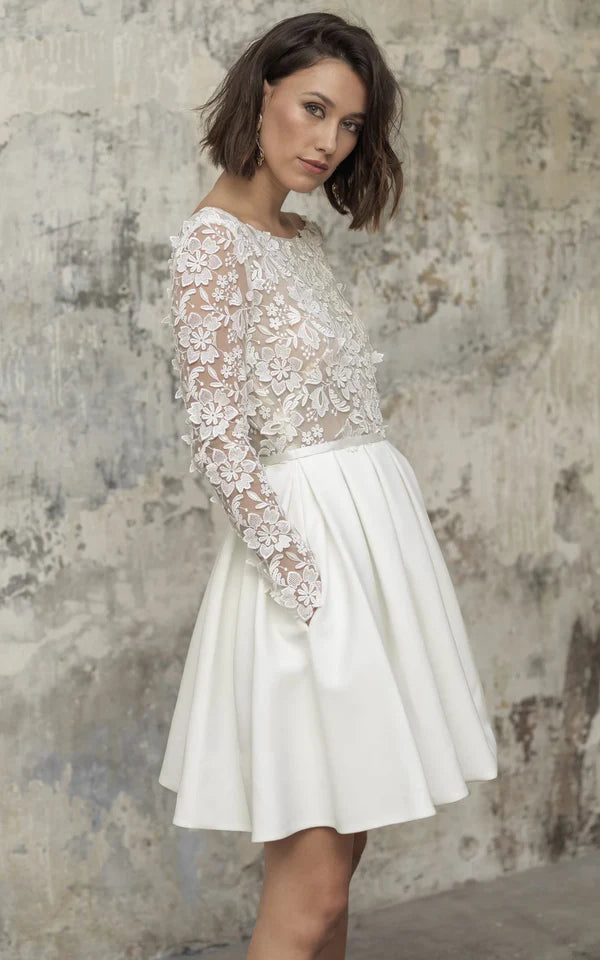 Buyishang Simple A Line Short Knee-length Satin Lace Bateau Long Sleeve Wedding Dress