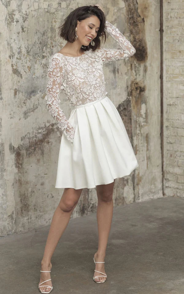 Buyishang Simple A Line Short Knee-length Satin Lace Bateau Long Sleeve Wedding Dress