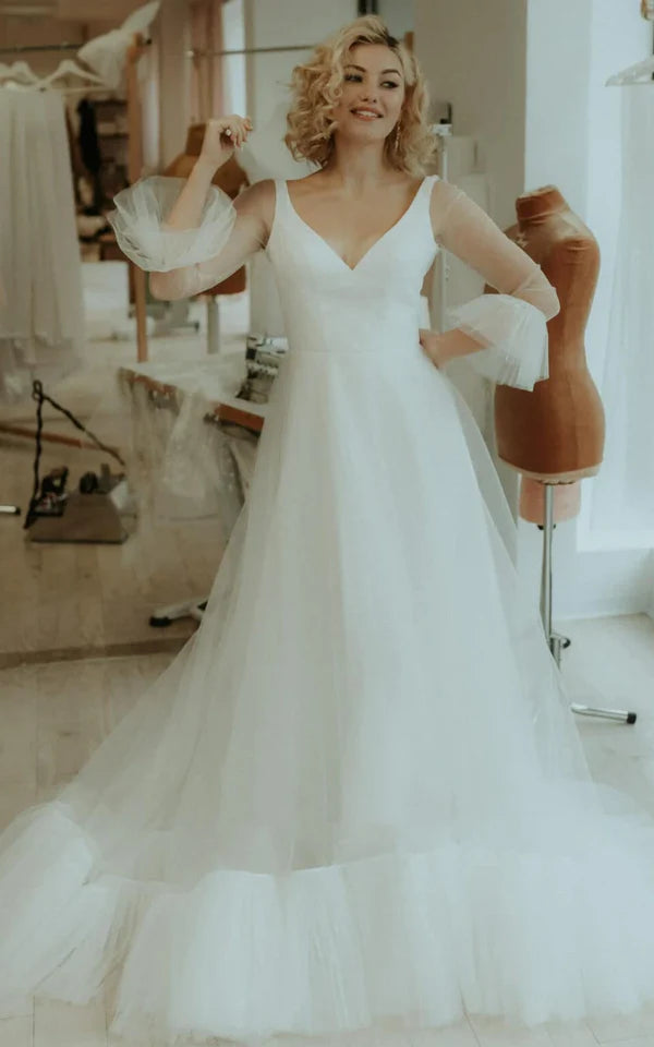 Buyishang Simple A Line Tulle V-neck Bell Wedding Dress with Ruching