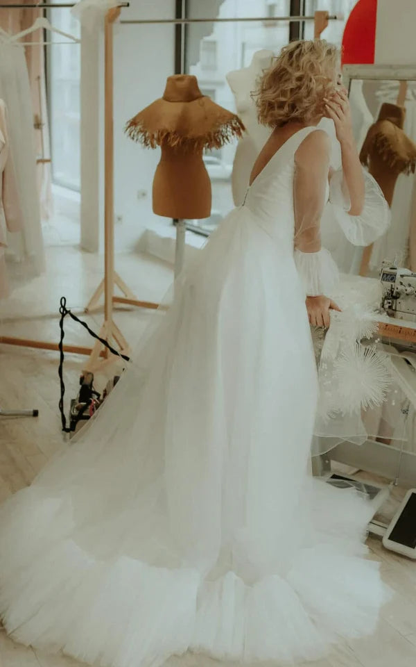 Buyishang Simple A Line Tulle V-neck Bell Wedding Dress with Ruching