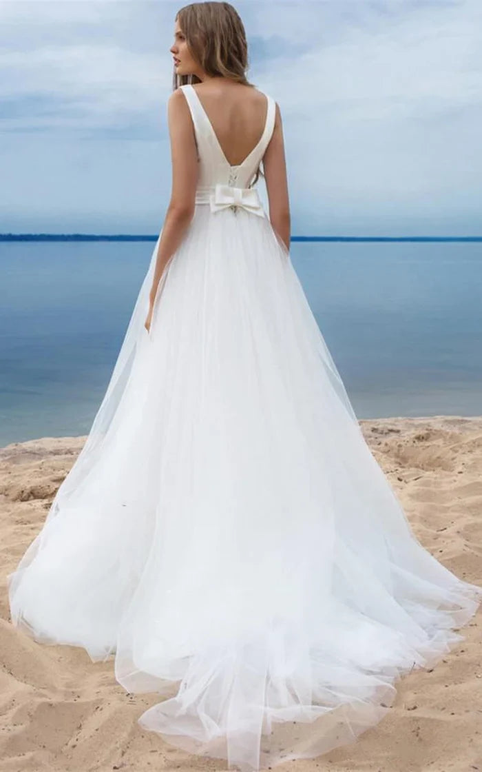 Buyishang Simple Ball Gown Satin Tulle Bateau Sleeveless Wedding Dress With Bow and Ribbon