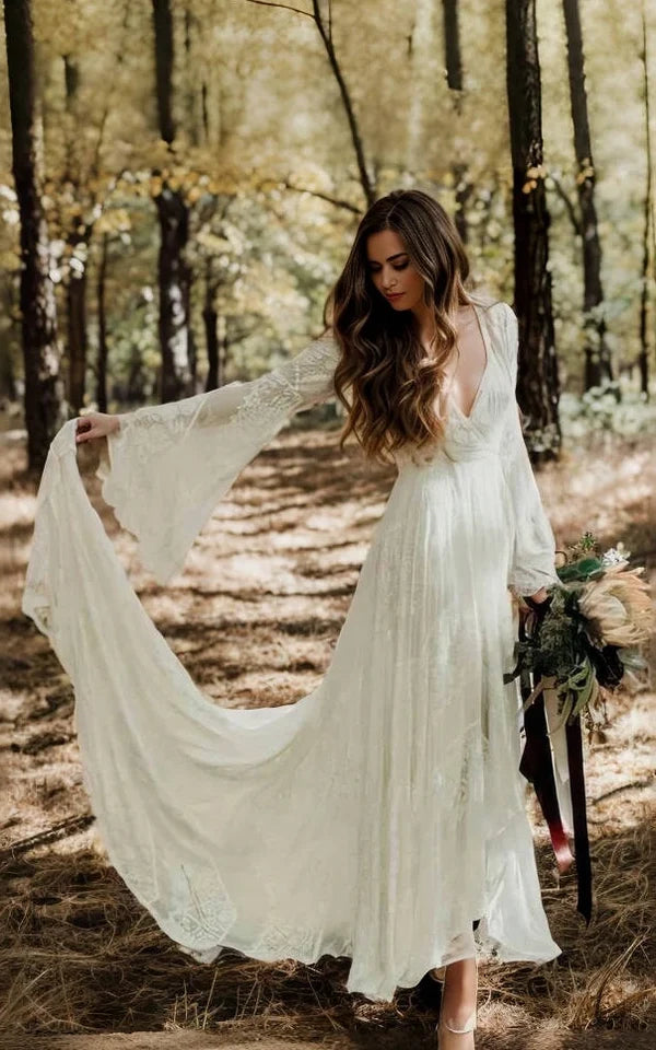Buyishang Simple Casual Long Sleeves Boho Lace Wedding Dress With Sweep Train