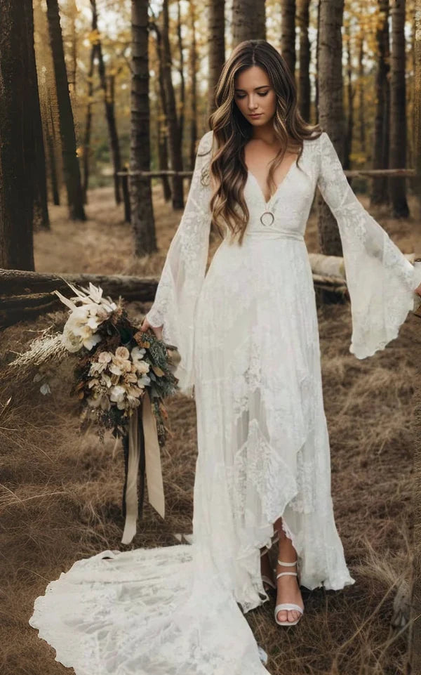 Buyishang Simple Casual Long Sleeves Boho Lace Wedding Dress With Sweep Train