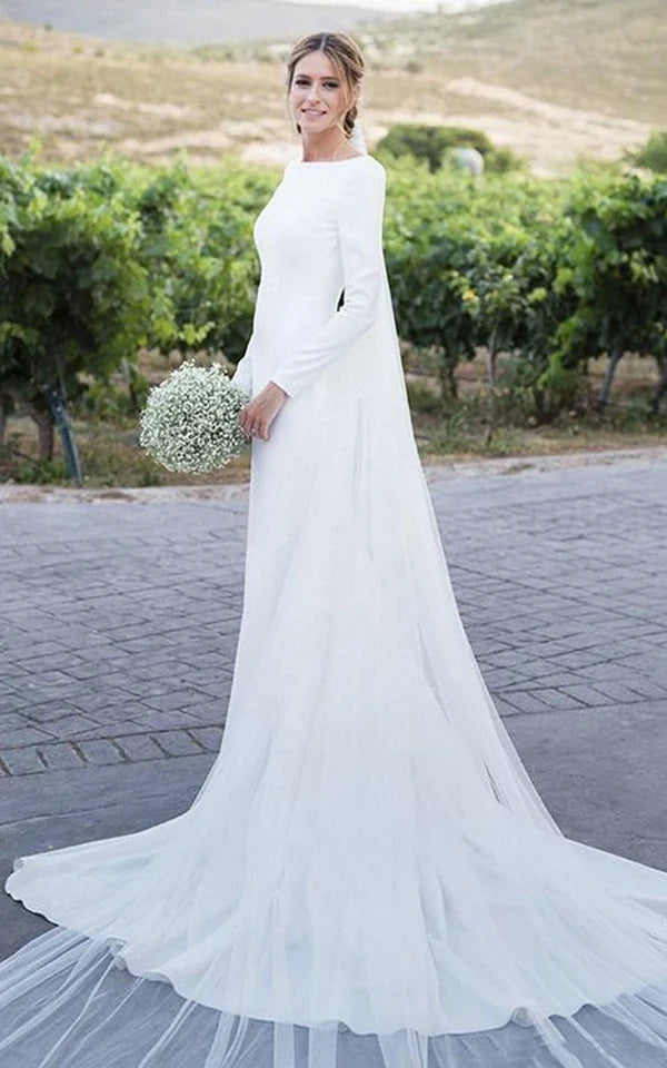 Buyishang Simple Chiffon Sheath Bateau-neck Deep-V Back Bridal Gown with Chapel Train