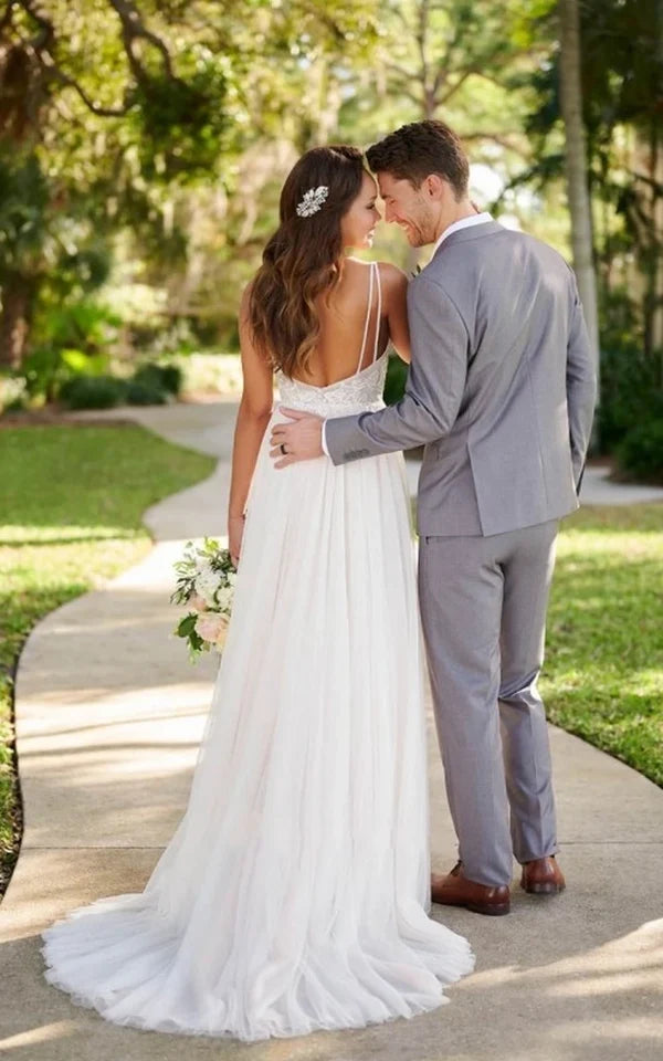 Buyishang Simple Classic Tulle Applique Wedding Gown Garden A-Line Backless Spaghetti Wedding Dress