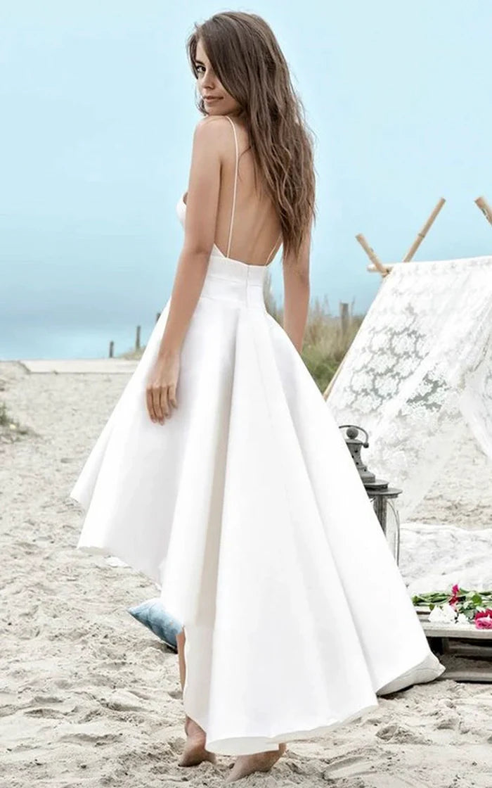 Buyishang Simple High-low Spaghetti Straps Beach Wedding Dress With Ruching