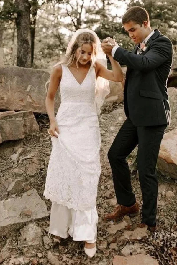 Buyishang Simple Lace Sleeveless Deep-V Back Bridal Gown with Sweep Train