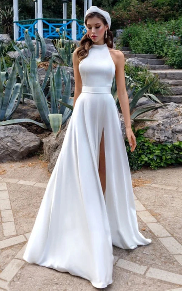 Buyishang Simple Modest A-Line Halter Maxi Wedding Dress