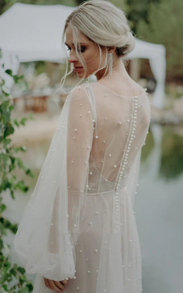 Buyishang Simple Modest A-Line Long Sleeve Tulle Elopement Illusion Wedding Dress with Pearl