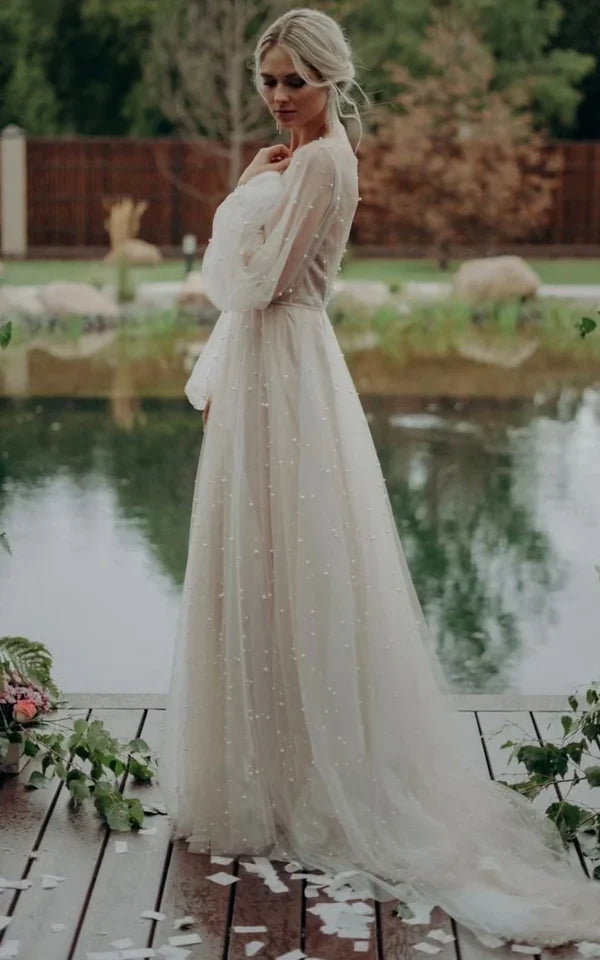 Buyishang Simple Modest A-Line Long Sleeve Tulle Elopement Illusion Wedding Dress with Pearl
