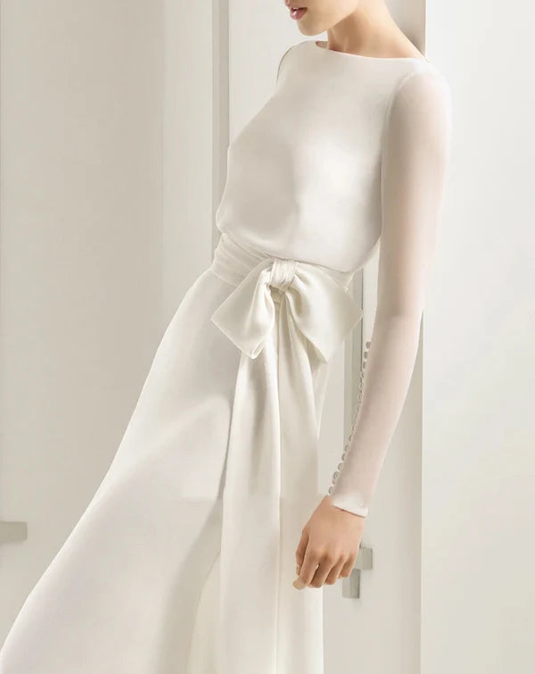 Buyishang Simple Modest Chiffon Long Sleeve Wedding Dress With Decoratived Buttons and Bow