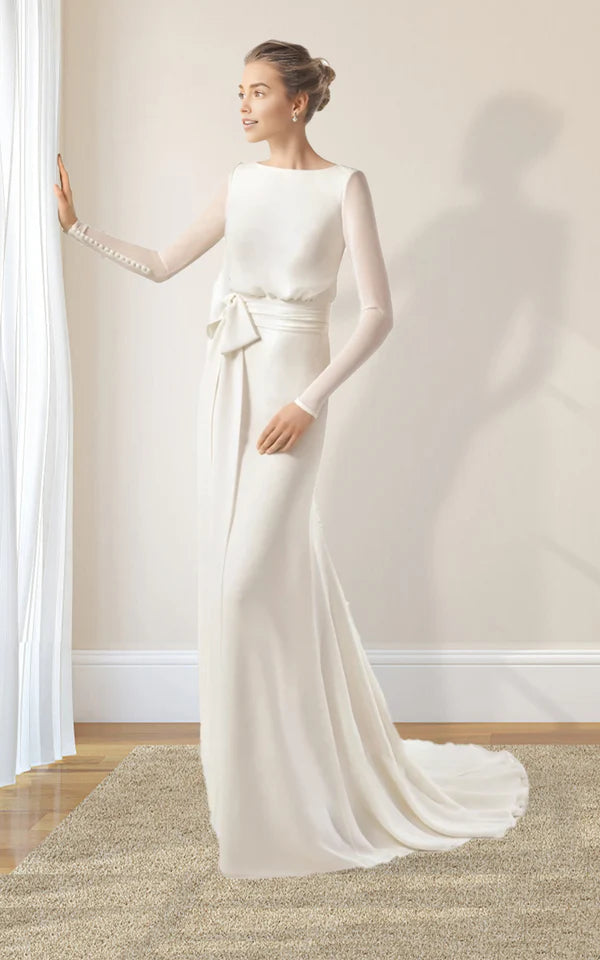 Buyishang Simple Modest Chiffon Long Sleeve Wedding Dress With Decoratived Buttons and Bow