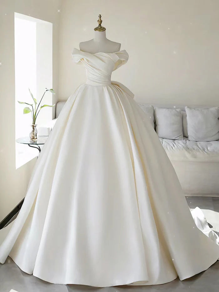 Buyishang Simple A-line Off The Shoulder Satin ivory Long Wedding Dress