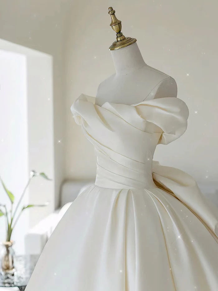 Buyishang Simple A-line Off The Shoulder Satin ivory Long Wedding Dress