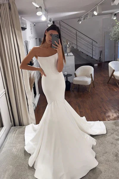 Buyishang Simple Mermaid Strapless Satin Wedding Dress Bridal Gowns