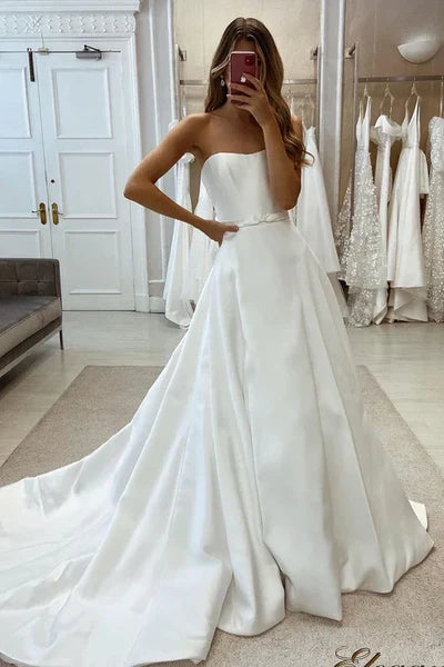 Buyishang Simple Satin A-Line Sweetheart Strapless Belt With Train Wedding Dress