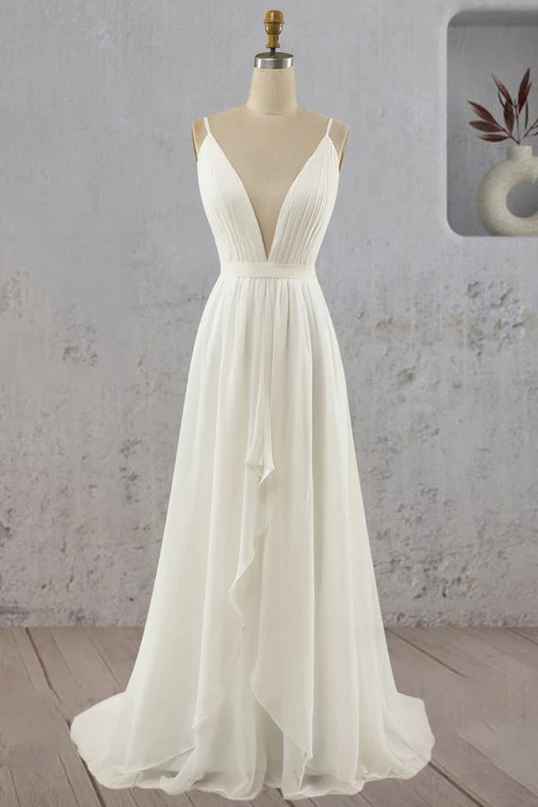 Buyishang A-Line V Neck Straps Spaghetti Sheath Chiffon Wedding Dress