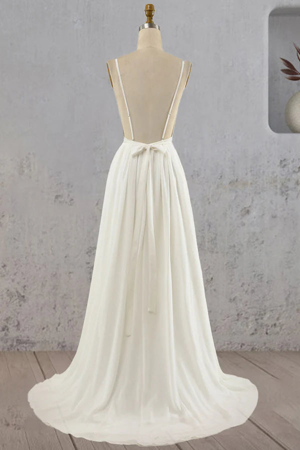 Buyishang A-Line V Neck Straps Spaghetti Sheath Chiffon Wedding Dress