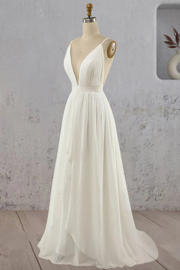 Buyishang A-Line V Neck Straps Spaghetti Sheath Chiffon Wedding Dress