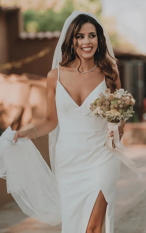 Buyishang Simple Mermaid Satin Wedding Dress With Split Front And Deep-V Back