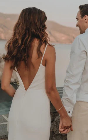 Buyishang Simple Mermaid Satin Wedding Dress With Split Front And Deep-V Back