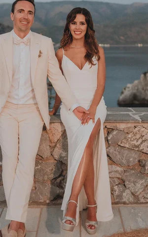 Buyishang Simple Mermaid Satin Wedding Dress With Split Front And Deep-V Back