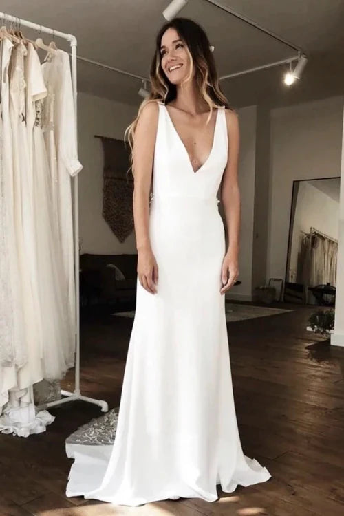 Buyishang Simple Sleeveless Plunging Satin Wedding Dress With Illusion Deep V-back And Lace