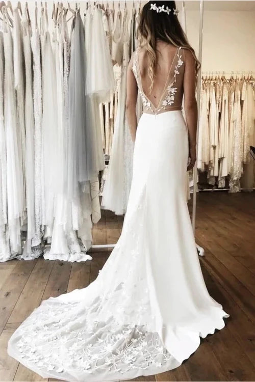 Buyishang Simple Sleeveless Plunging Satin Wedding Dress With Illusion Deep V-back And Lace