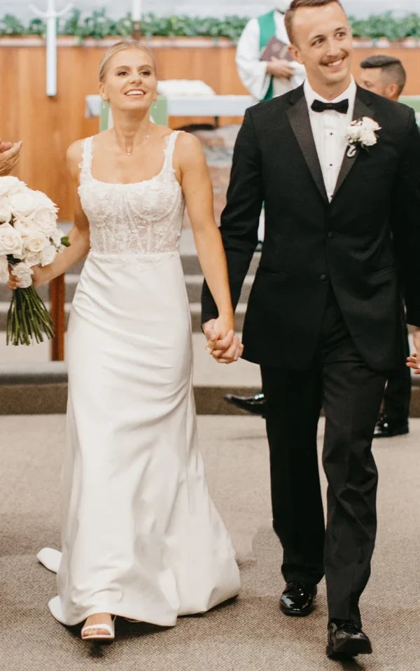 Buyishang Simple White Sheath Modern Upper Body Applique Sweep Train Wedding Dresses