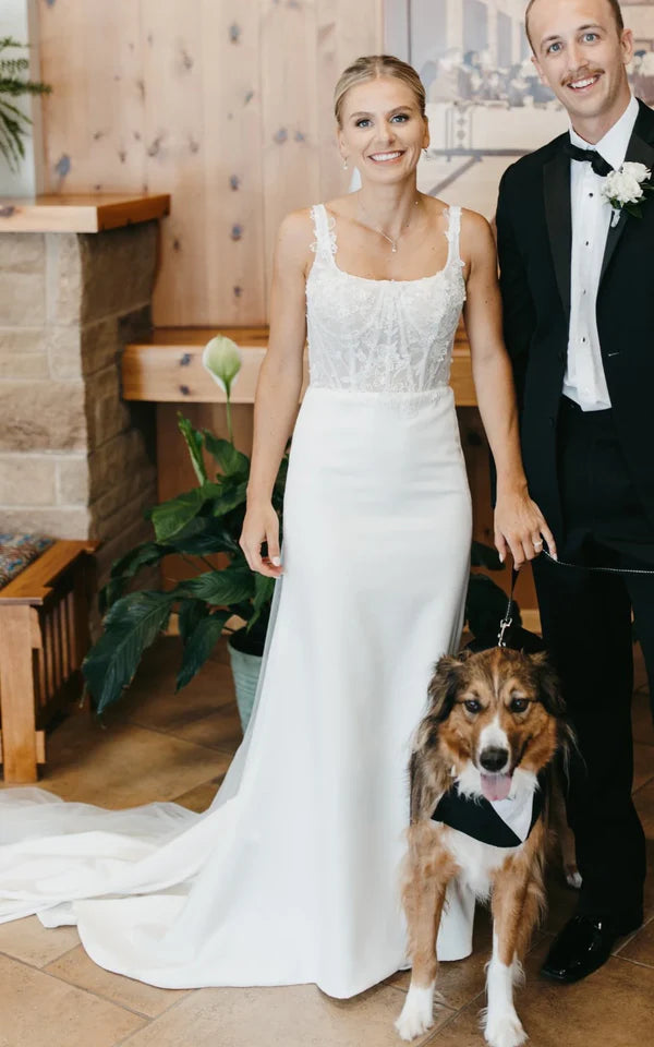 Buyishang Simple White Sheath Modern Upper Body Applique Sweep Train Wedding Dresses