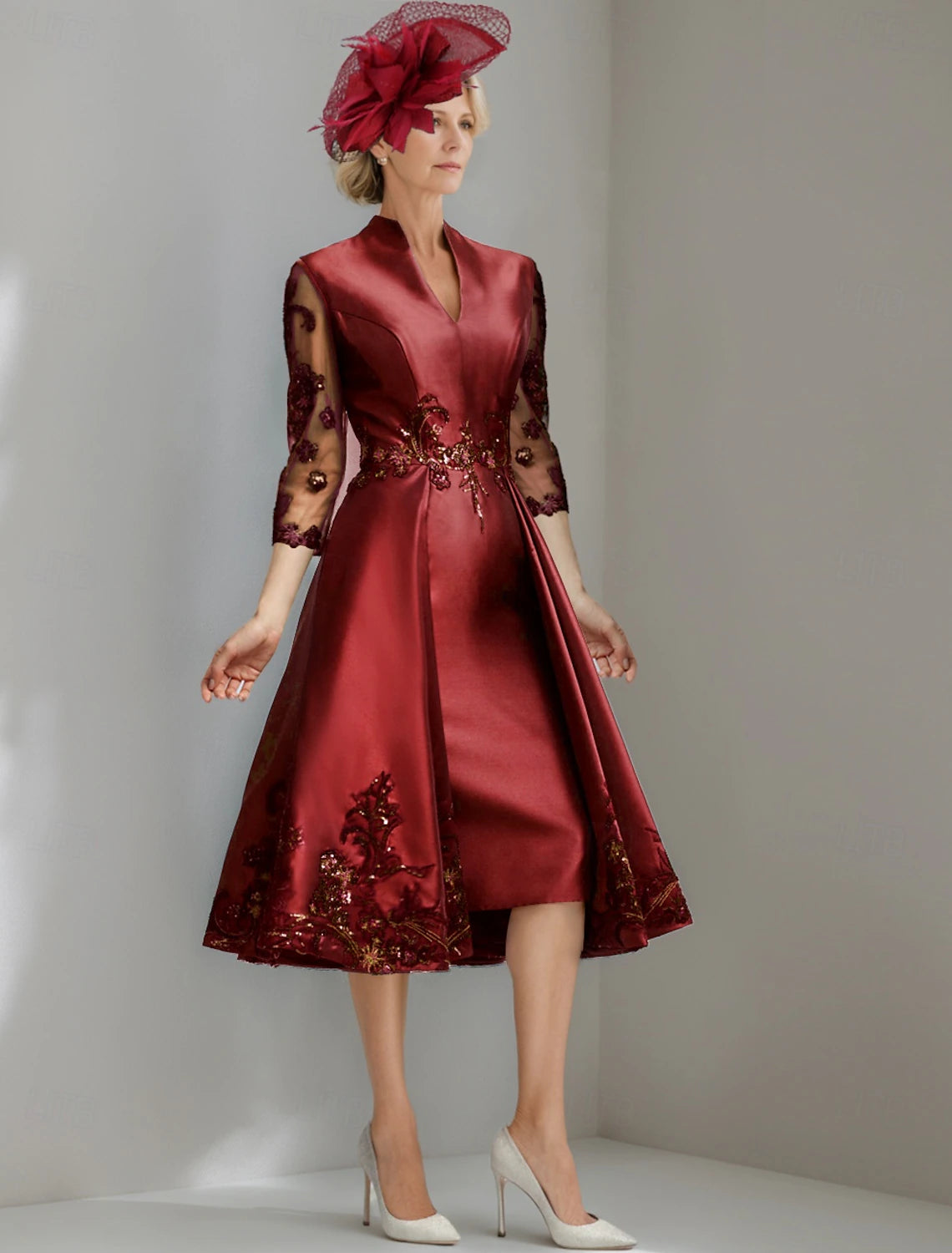 Buyishang A-Line Mother of the Bride Dress Elegant Vintage V Neck Tea Length Satin 3/4 Length Sleeve with Lace Solid Color free custom size