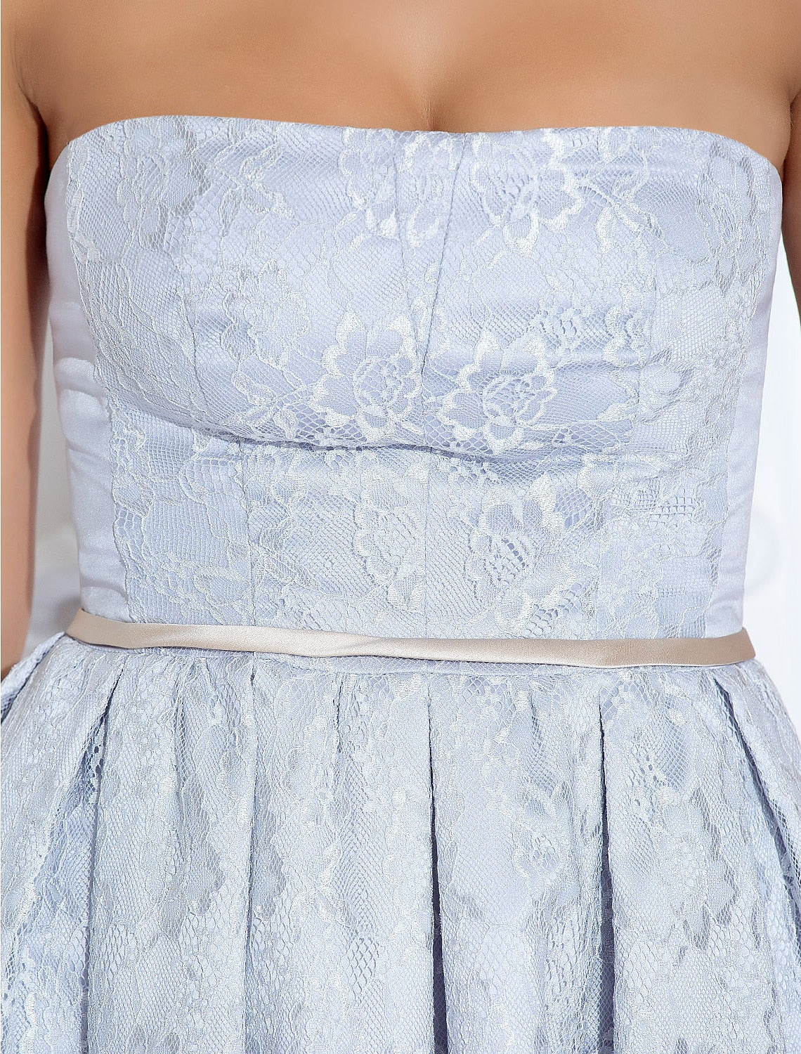 A-Line Strapless Tea Length Lace / Satin Dress with Lace / Sash / Ribbon