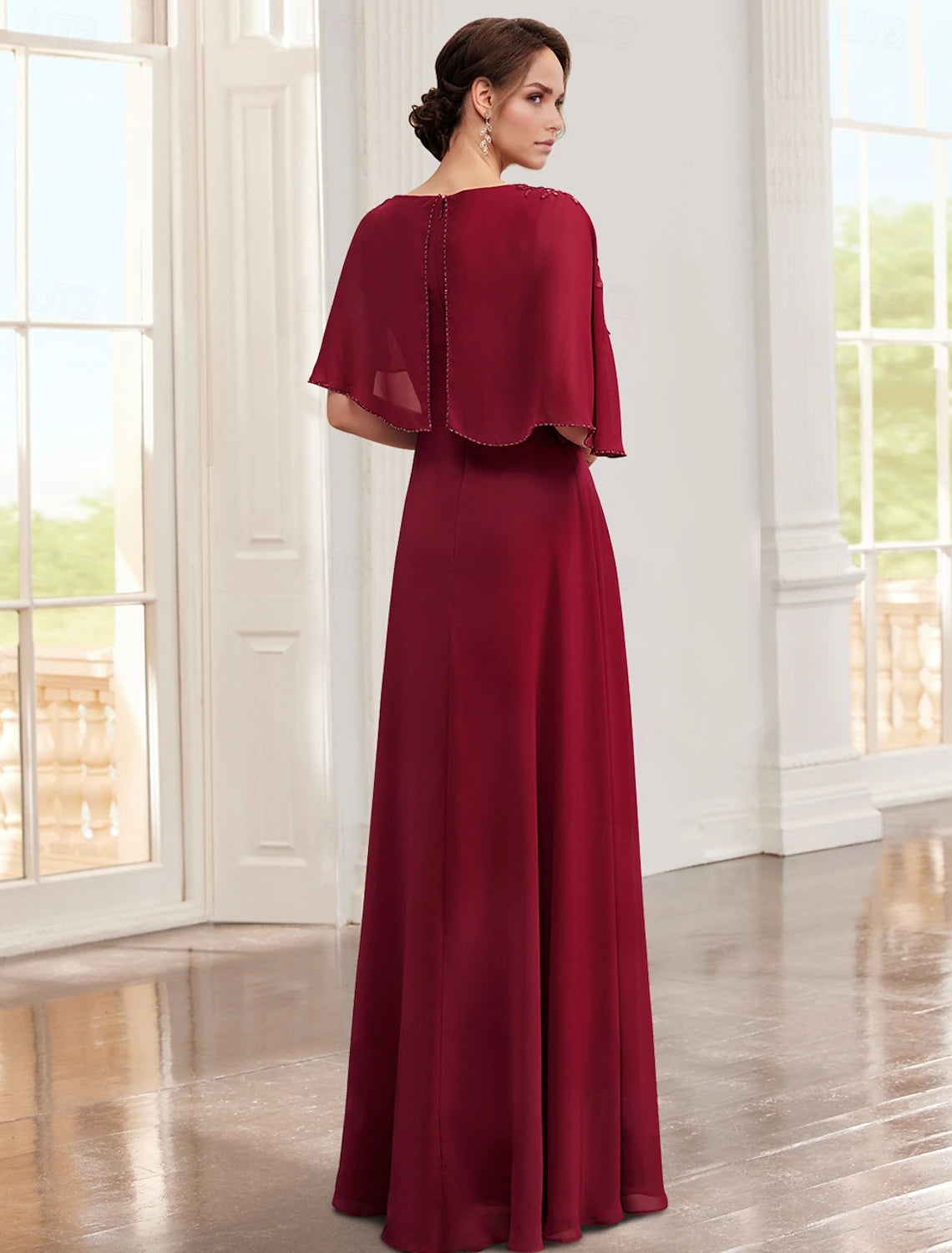 Buyishang A-Line Dress Mother of the Bride Dress Elegant Jewel Neck Floor Length Chiffon Lace Half Sleeve with Appliques Solid Color