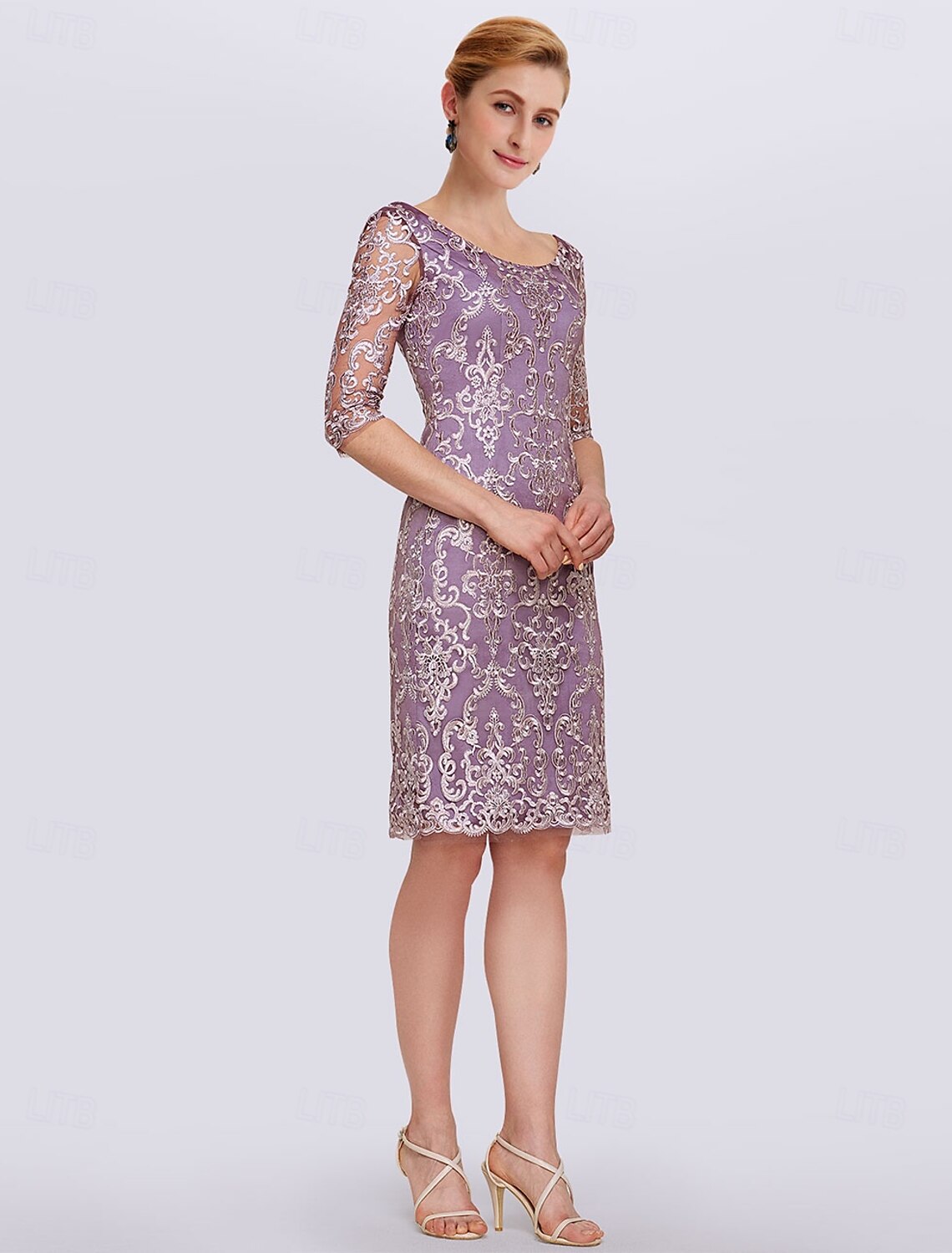 Buyishang Two Piece Sheath Mother of the Bride Dress Elegant Jewel Neck Knee Length Chiffon Lace Half Sleeve Wrap Included Jacket Dresses with Lace free custom size